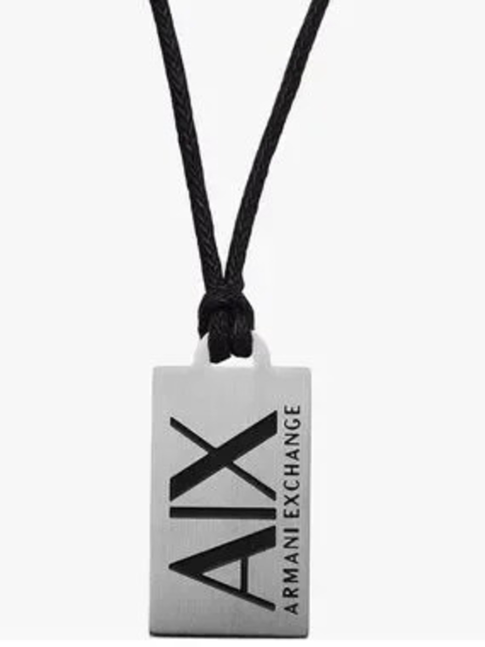 Armani Exchange Silver Tone Rectangular Logo Pendant on Black Cord